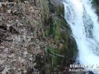 Ázijské žmurk saje zobanie vták podľa waterfall